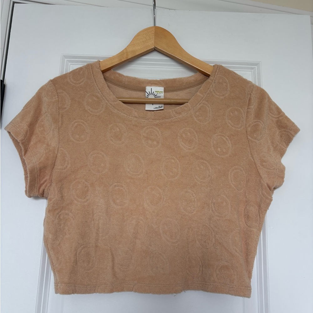 Aerie Offline Tan Smiley Face Crop T-Shirt Terrycloth Size Medium